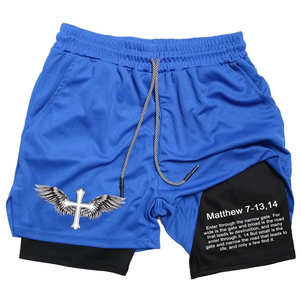 Men Performance Shorts Bible Printed GYM Casual Sports Compression Shorts Workout Running Mesh 2 in 1 Sport Short Pants