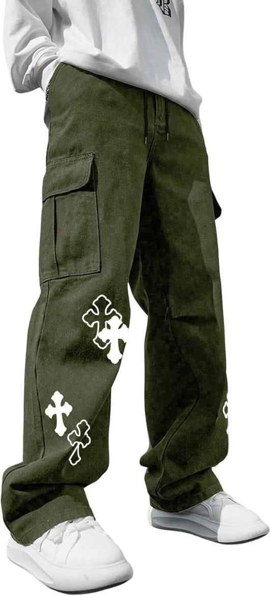 Men'S Cross Graphic Baggy Cargo Pants Drawstring Waist Wide Leg Sweatpants Streetwear