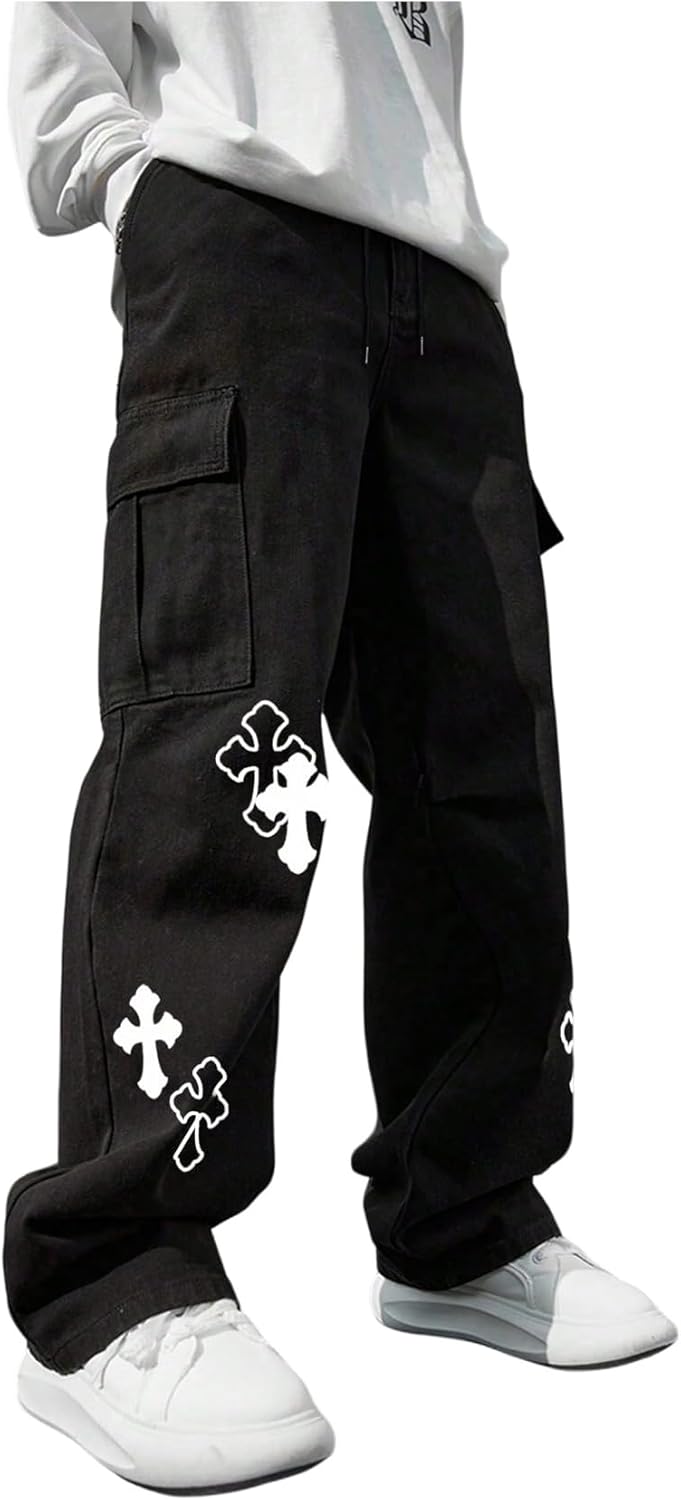 Men'S Cross Graphic Baggy Cargo Pants Drawstring Waist Wide Leg Sweatpants Streetwear