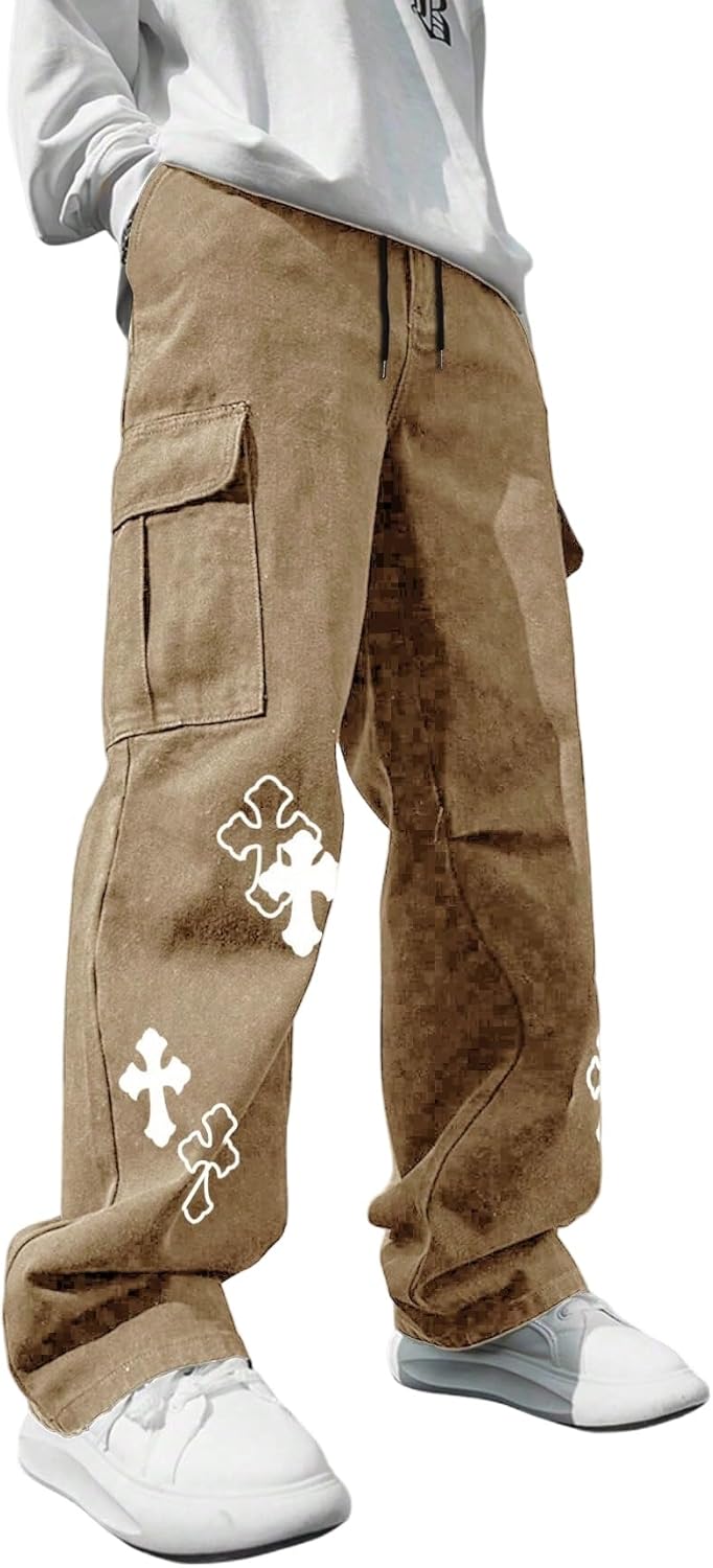 Men'S Cross Graphic Baggy Cargo Pants Drawstring Waist Wide Leg Sweatpants Streetwear