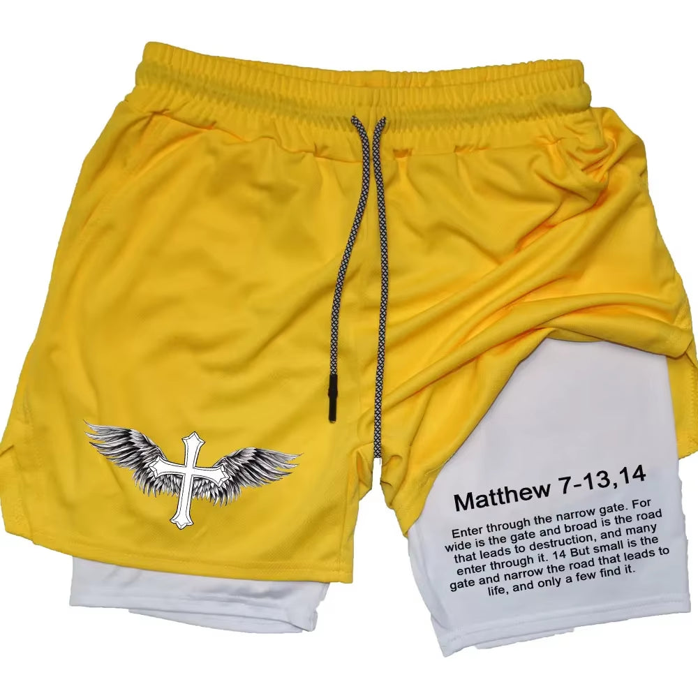 Men Performance Shorts Bible Printed GYM Casual Sports Compression Shorts Workout Running Mesh 2 in 1 Sport Short Pants