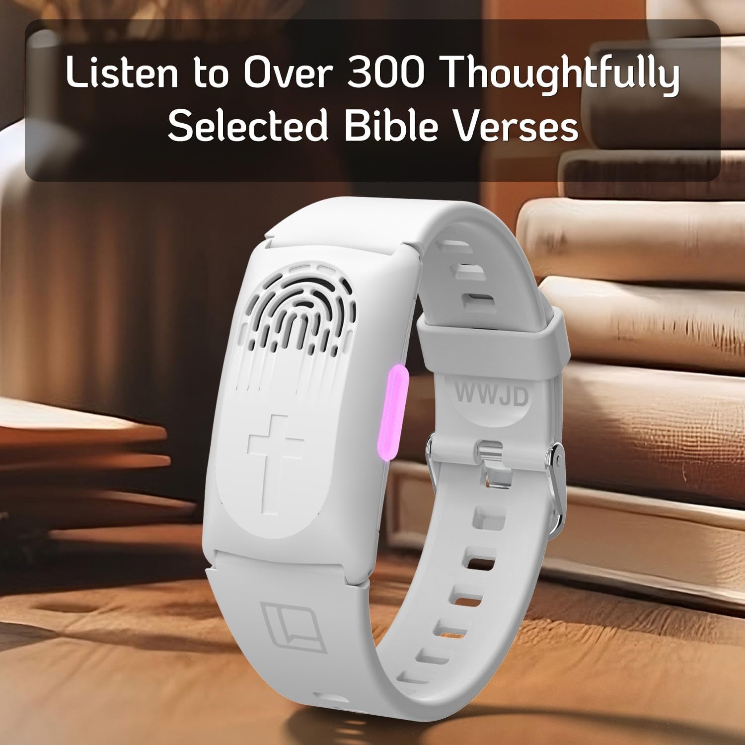 Wearable Audio Wrist Band, WWJD Bracelet and Audio Bible, 300+ Verses from NIV, Jesus Bracelet Speaker, Christian Wristband, Christian Gifts for Men, Christian Gifts for Woman (White)