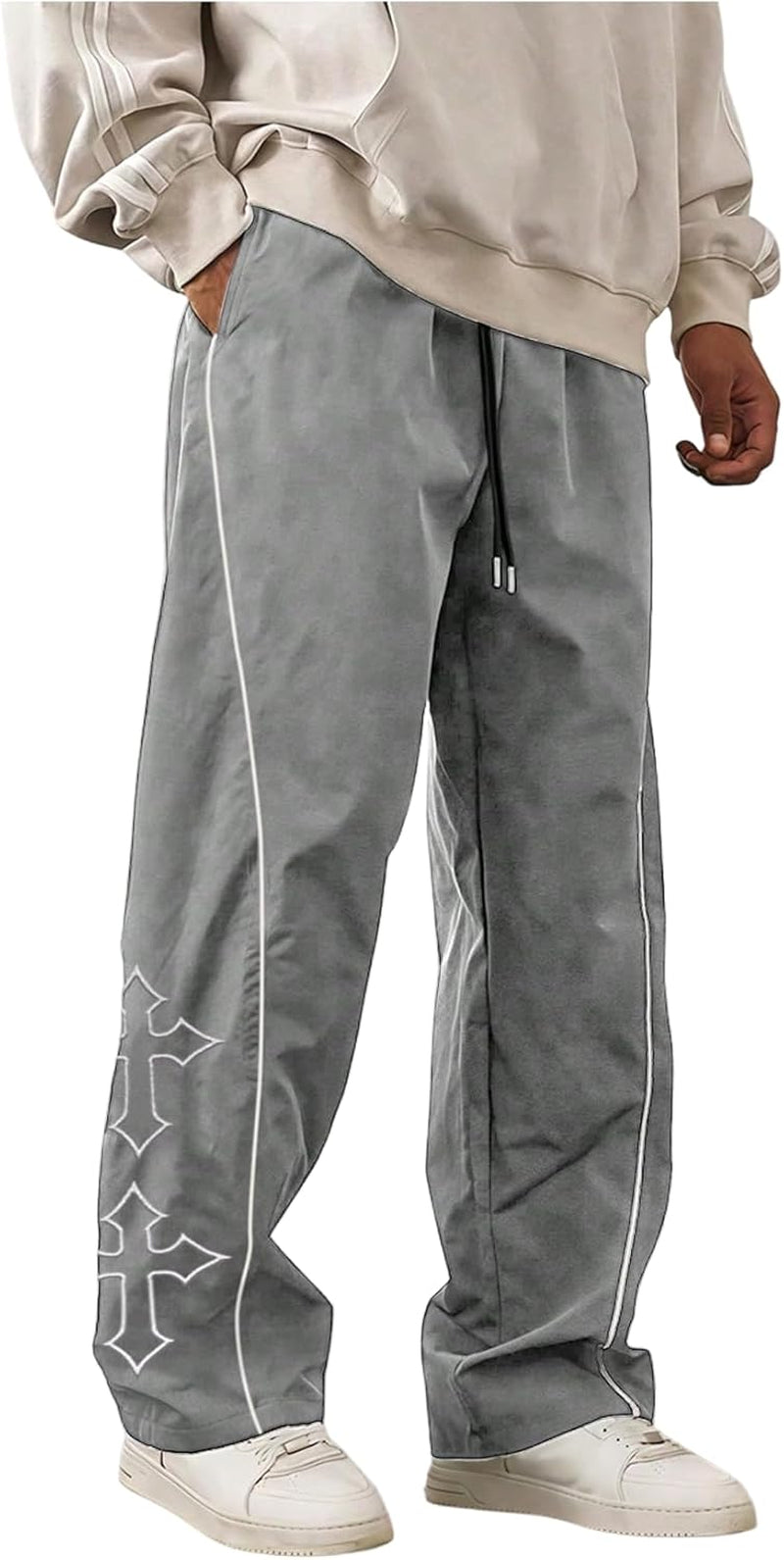 Men'S Casual Cross Print Loose Pants Straight Leg Drawstring Baggy Pant Trousers