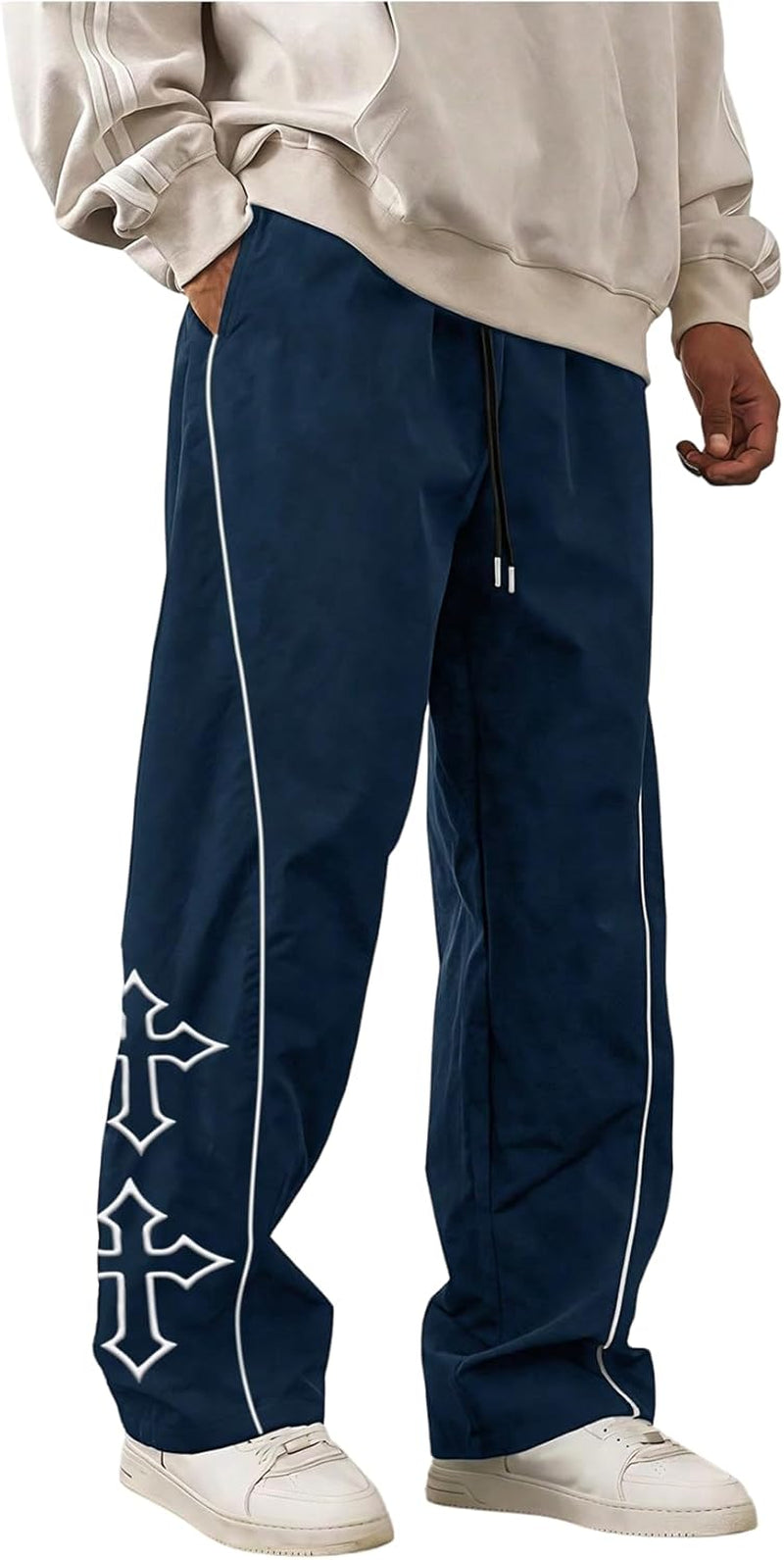 Men'S Casual Cross Print Loose Pants Straight Leg Drawstring Baggy Pant Trousers