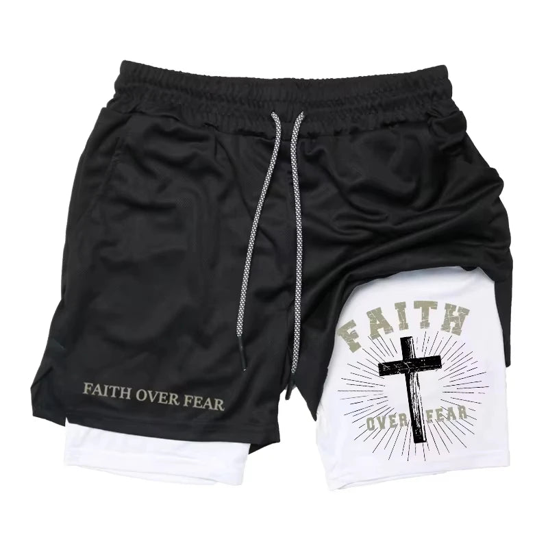 Summer New Cross Bible Printed Shorts: Unisex Double-Layer 2-In-1 Quick-Dry Sports & Fitness Pants, Beach Shorts RL10006