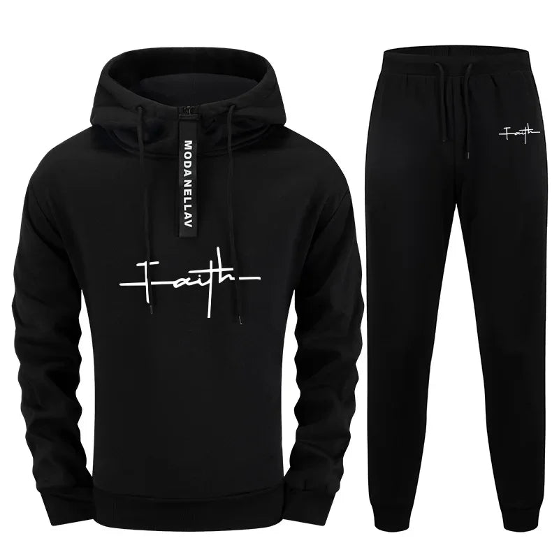 Autumn Winter Jesus Faith Style Men Tracksuit Set 2 Pieces Half Zip Hoodie with Jogger Streetwear Outfit Casual Sport Sportswear