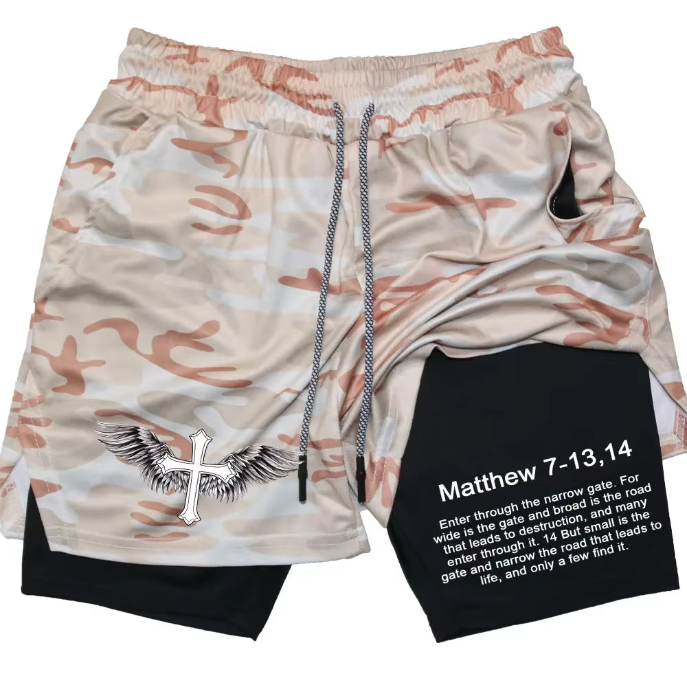Men Performance Shorts Bible Printed GYM Casual Sports Compression Shorts Workout Running Mesh 2 in 1 Sport Short Pants