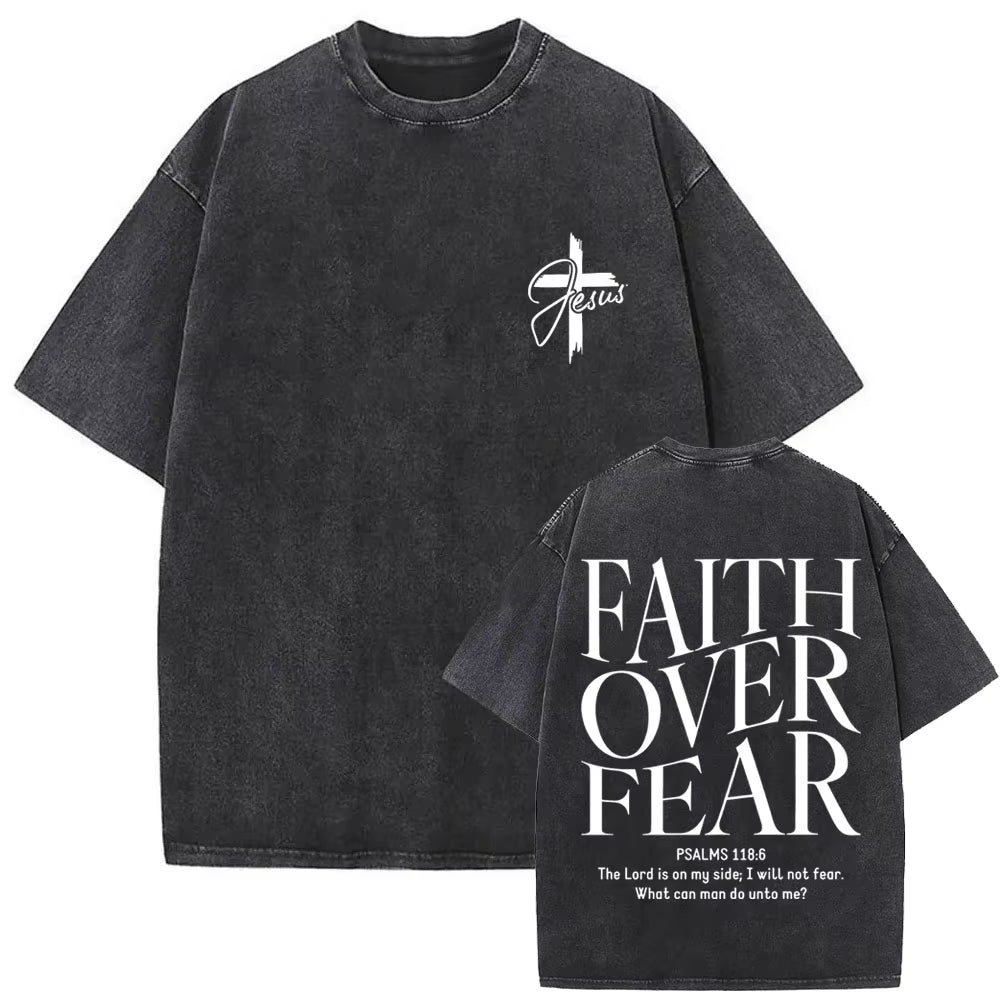 Awesome Christian Jesus Faith over Fear Bible Verse Vintage Washed T-Shirts Men Women Casual Cotton Vintage Oversized T Shirts