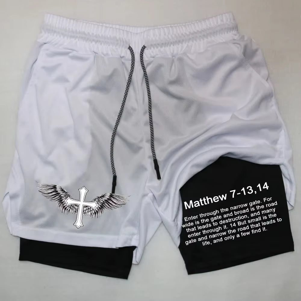 Men Performance Shorts Bible Printed GYM Casual Sports Compression Shorts Workout Running Mesh 2 in 1 Sport Short Pants