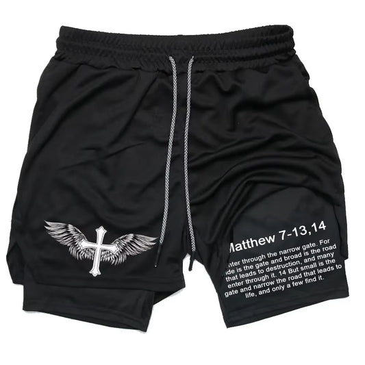 Men Performance Shorts Bible Printed GYM Casual Sports Compression Shorts Workout Running Mesh 2 in 1 Sport Short Pants