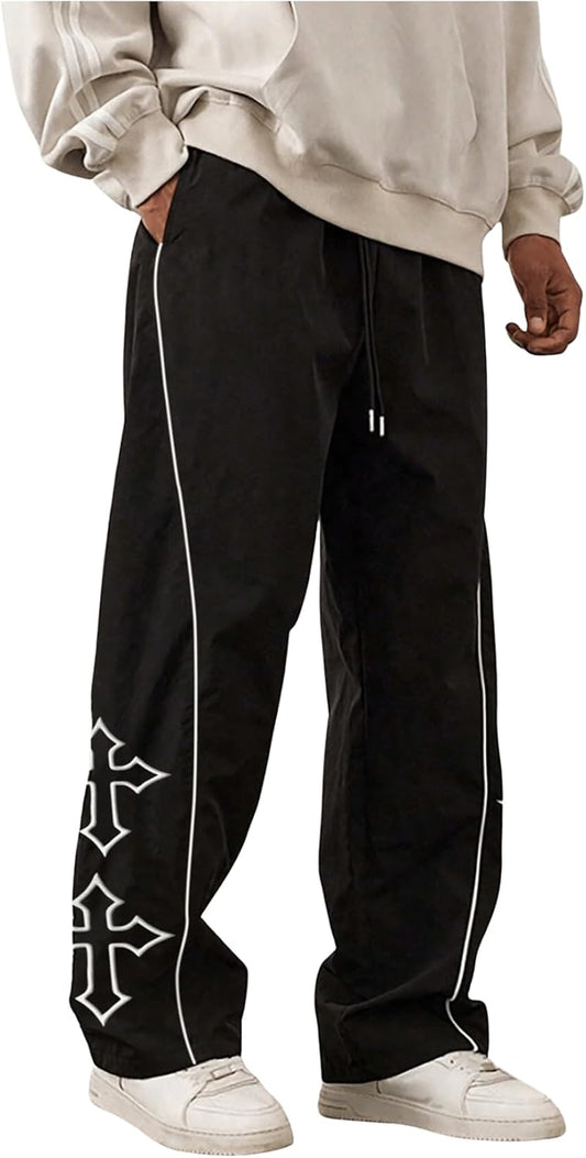 Men'S Casual Cross Print Loose Pants Straight Leg Drawstring Baggy Pant Trousers