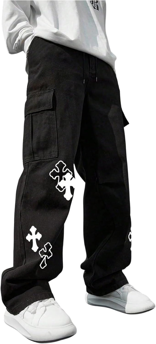 Men'S Cross Graphic Baggy Cargo Pants Drawstring Waist Wide Leg Sweatpants Streetwear