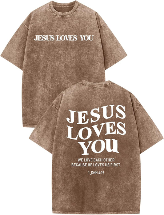 Christian Jesus Loves You Shirts for Men Religious Oversized Graphic Tees Jesus Faith Acid Wash T Shirt God Top