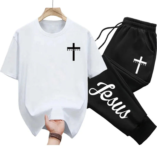 2025 Brand New Jesus Christ T-Shirt Sweatpants Men'S Tracksuit 2 Piece Set Spring Summer Male Daily Casual Sporty Tees Outfits