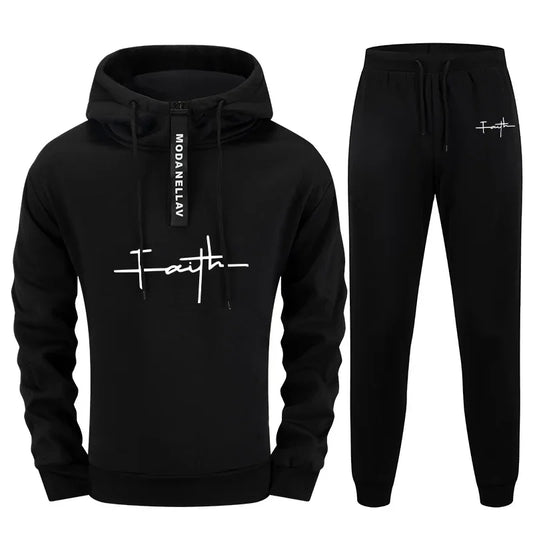 Autumn Winter Jesus Faith Style Men Tracksuit Set 2 Pieces Half Zip Hoodie with Jogger Streetwear Outfit Casual Sport Sportswear