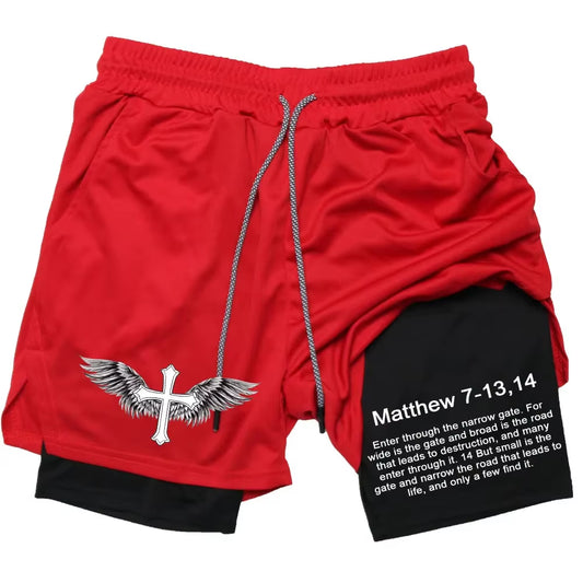 Men Performance Shorts Bible Printed GYM Casual Sports Compression Shorts Workout Running Mesh 2 in 1 Sport Short Pants