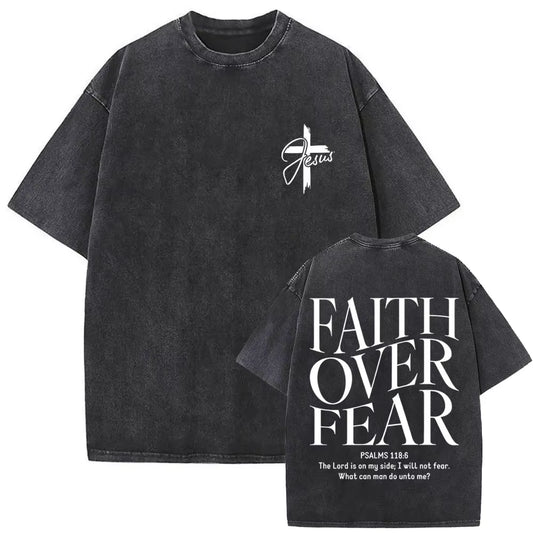 Awesome Christian Jesus Faith over Fear Bible Verse Vintage Washed T-Shirts Men Women Casual Cotton Vintage Oversized T Shirts